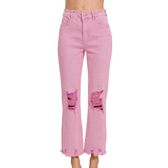 Zenana Pink Acid Wash High Waist Distressed Straight Leg Jeans Size 31 NWT NEW - Picture 1 of 16